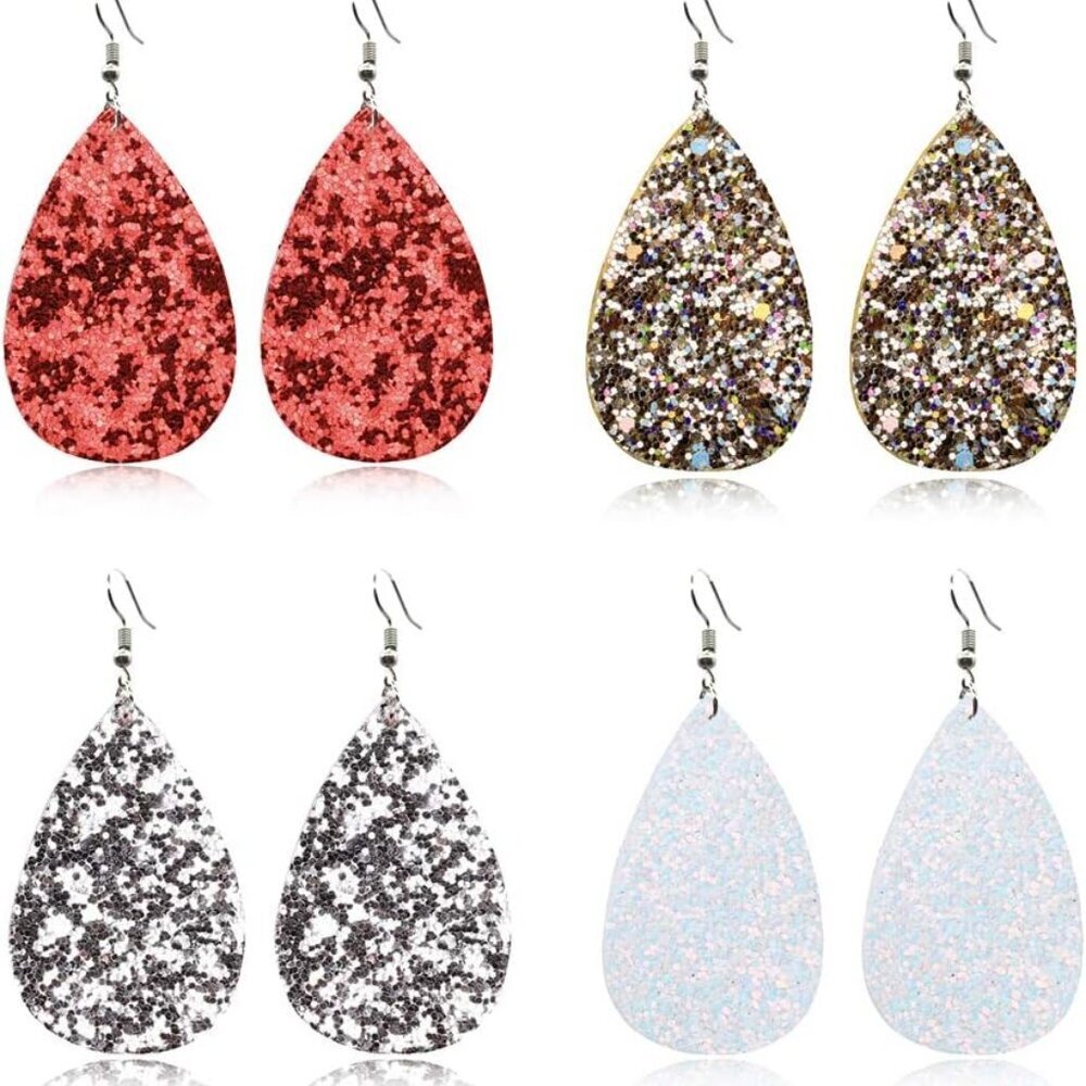 4 Pairs Leather Teardrop Glitter Sequins Earring Lightweight Leaf Drop Bohemian